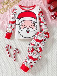 Bộ đồ ngủ dài tay bó sát in hình ông già Noel và gia đình cho bé gái và quần dài - Đỏ - Xem 1