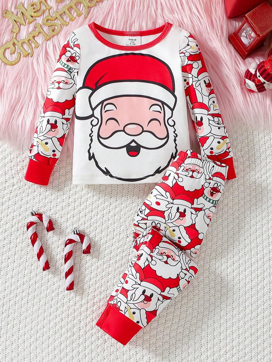 Bộ đồ ngủ dài tay bó sát in hình ông già Noel và gia đình cho bé gái và quần dài - Đỏ - Xem 1
