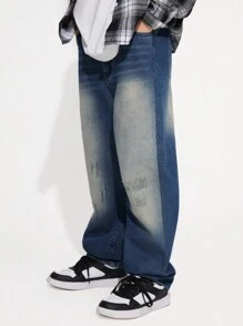 Tween Boys Vintage Distressed Individuality Simple All-Match All-Match Funny Wind Fashion Street Casual Comfortable Straight Leg Jeans - Medium Wash - View 4