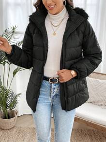 EMERY ROSE Women's Winter Warm Zip-Up Patchwork Fluffy Hooded Jacket