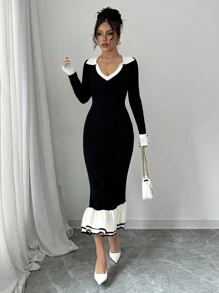 Gloray Vestido de punto casual sencillo con cuello en V de manga larga y empalme de unicolor para mujer