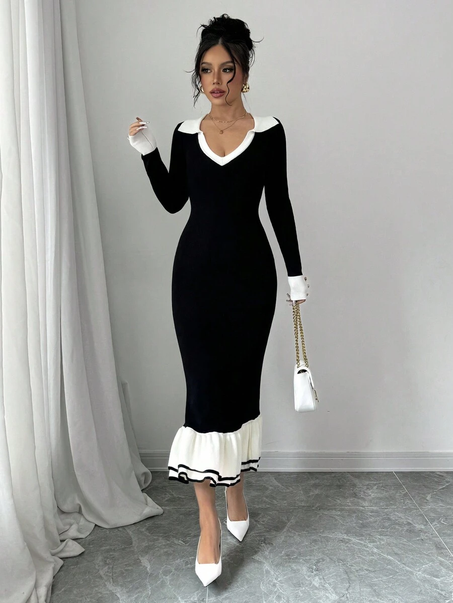 Chiquease Women Solid Color Splice V-Neck Long Sleeve Simple Casual Sweater Dress - Black and White - View 1