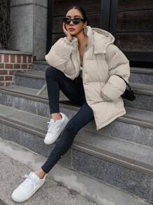 DAZY 女士休闲纯色连帽棉衣，冬季，冬季女装，棉衣女式夹克 - 杏色 - 查看 5