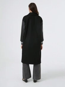 SHEIN EZwear Abrigo cruzado de doble botonadura con hombros caídos y bloques de color, ropa de invierno - Negro - Ver 2