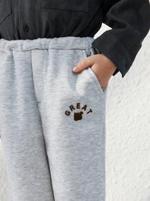 Blossori Young Boys' French Elegant Gray Letter Print Knitted Loose Elastic Waist Sweatpants For Autumn/Winter - Grey - View 6