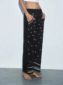 SHEIN Maija Women Plush Deer Velvet Embroidery Pattern Low Waisted Straight Leg Pants With Elastic Waist And Large Pockets, Casual, Autumn/Winter - Black - View 6
