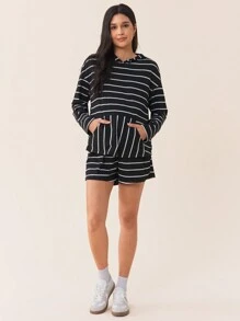SHEIN 2pcs Maternity Set - Dropped Shoulder Hooded Long Sleeve Sweatshirt With Pocket Detail And Adjustable Drawstring Shorts, Striped Design, Design, For Autumn - Black - View 4