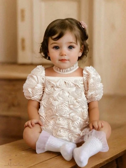 SHEIN LMoss Kids 新生女宝宝可爱米色3D立体花卉网纱短袖按扣裆部连体衣，秋冬季