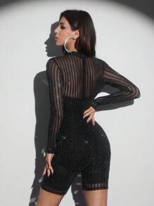 HEAVINZ LANE Designer Shiny Glitter Mesh Stripe Romper With Plain Black Skinny Romper Set, For Party, Holiday Outfit, Festival - Black - View 3