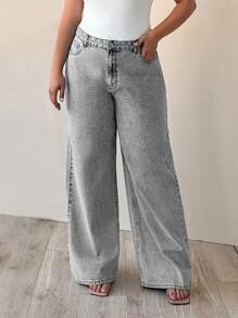 EURMUSE HIGH WAIST WIDE LEG CUT PLUS SIZE  JEANS - Grey - View 4