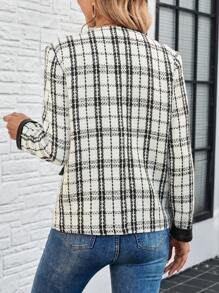 EMERY ROSE Women Casual Plaid Color Block Lapel Flap Detail Short Jacket