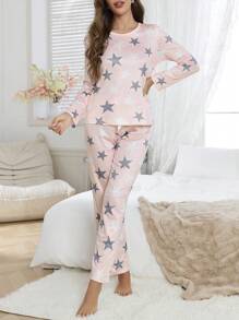 Women 2pcs Comfy Star Print Pajama Top And Pants Set, Autumn, Fall Clothes  Cozy And Elegant Details