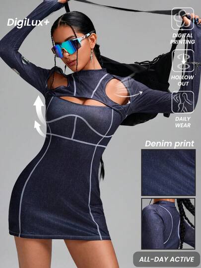 Innovista 女士牛仔印花撞色线条长袖二合一运动连衣裙，含短裤，运动弹力面料，实用时尚