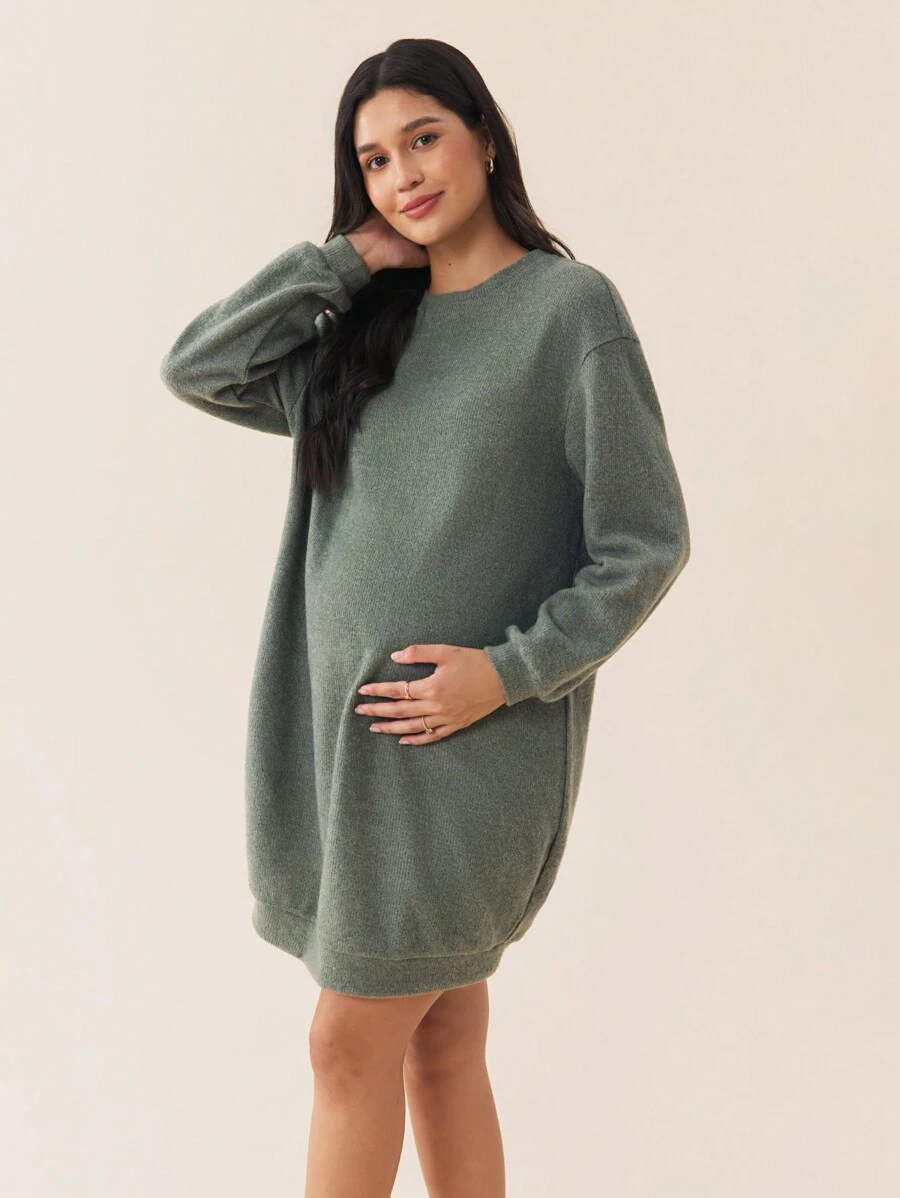 SHEIN Maternity Loose Crew Neck Drop Shoulder Solid Color Long Sleeve Sweatshirt, Autumn Fall Winter - Green - View 1