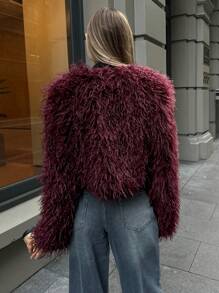 Aloruh 女士时尚性感短款仿皮草大衣，秋冬新品 - 酒紅色 - 查看 2