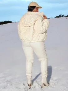 SHEIN SXY Plus Size Women Stand Collar Hooded Cable Knit Plush Patchwork Quilted Padded Coat, Suitable For Fall & Winter, Date Night, Birthday, Bachelorette Party, Casual, Shopping, Streetwear, Going Out, Easy To Match & Looks Slim, Accent Your Body, Flatter The Figure - Beige - View 10