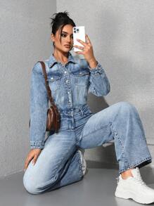 SHEIN EZwear Bộ đồ liền thân denim giản dị cổ cài nút tay dài mùa thu dành cho nữ - Rửa nhẹ - Xem 3