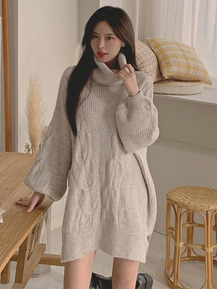 1 pieza Vestido de suéter de manga larga holgado de cuello alto de unicolor para mujer, ropa de mujer de otoño