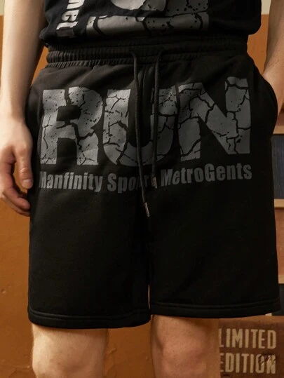 Manfinity Sport Corelite Shorts informales de hombre con bolsillos y cordón en la cintura, estilo novio con estampado de letras