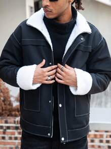 Manfinity Homme Men's Winter Loose Fit Thermal Lined Cargo Jacket With Pockets - Black - View 1