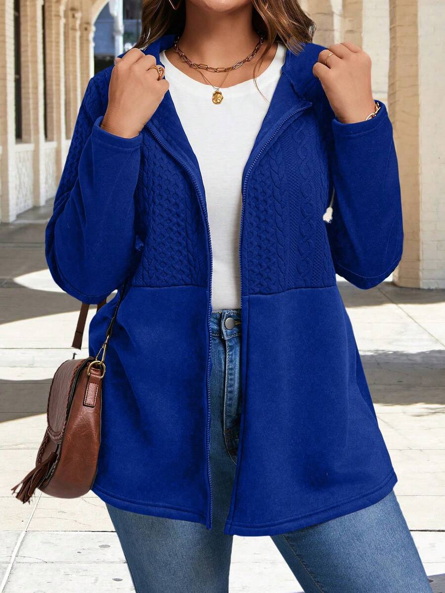 加大码纯色前拉链长袖连帽外套，休闲日常穿着 - 寶藍色 - 查看 1