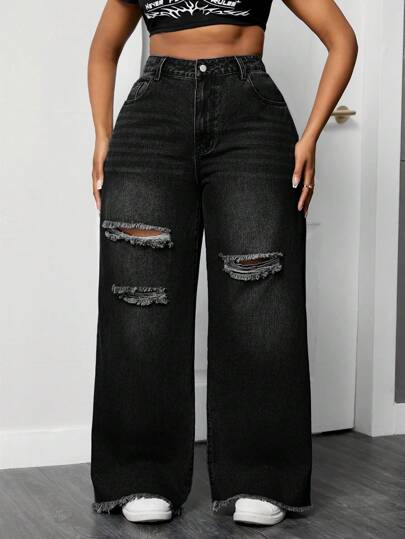 SHEIN EZwear Plus Size Solid Color Distressed Casual Versatile Loose Fit Wide Leg Boyfriend Jeans