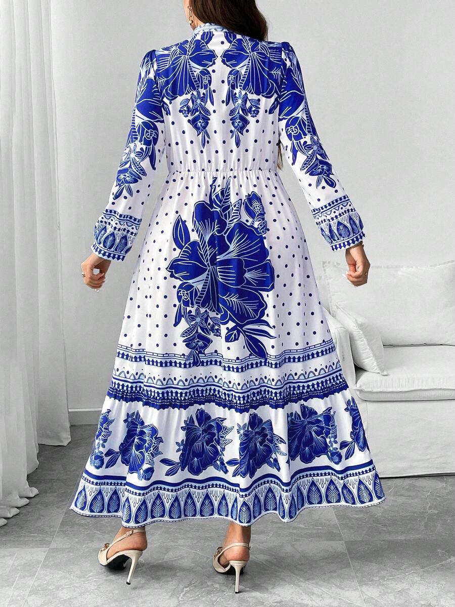 SHEIN Privé Plus Size Placement Print Puff Sleeve Button Down Midi