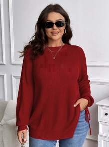 SHEIN LUNE Plus Size Women Christmas Fall Red Knitted Crew Neck Side Slit Bowknot Minimalist Sweater, Suitable For Halloween, Christmas, Valentine's Day, Thanksgiving, Easter, National Day, New Year Eve Parties For New Year Clothes, For Winter