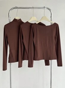 SHEIN BASICS 3 件套休闲纯色针织长袖修身女式 T 恤 - 摩卡棕 - 查看 4