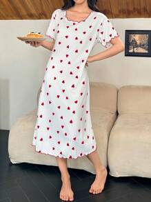Dream Adore Camisón con estampado de corazón y dobladillo curvo de manga corta para mujer