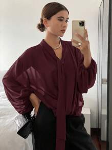 Livesso Blusa ampia a maniche lunghe con laccio, tinta unita, abbigliamento autunnale per donna - Bordò - Visualizzare 3