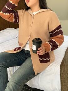 Dazy Petite Plus Plus Size Contrast Color Splicing Jacquard Loose Hooded Cardigan,Fall Women Clothes - Khaki - View 7