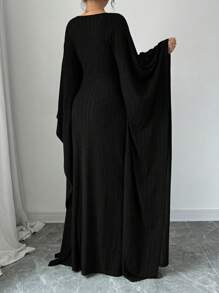 Elenzga 女士优雅纯色宽松褶皱面料宽松圆领蝙蝠袖连衣裙长款女装