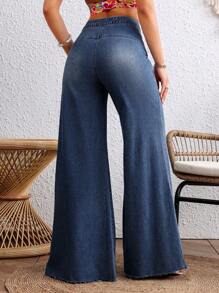 Breezaya Quần Jeans Denim Ống Loe Rộng Có Khóa Kéo Phía Trước Cho Nữ, Kiểu Dáng Đường Phố Đơn Giản, Túi Xiên, Viền Thô - Rửa tối - Xem 2