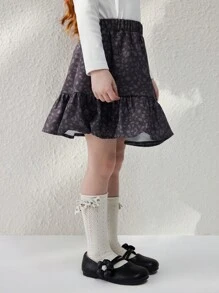 SHEIN 年轻女孩法式优雅深灰色豹纹编织宽松松紧腰中长裙，秋冬 - 灰色 - 查看 4