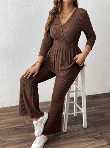 SHEIN LUNE 2pcs/Set Women Plus Size Striped Knit Drawstring Shirred Top & Relaxed Pants, Elegant Autumn/Winter Outfit