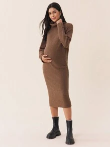 SHEIN 婴儿洗礼秋冬装高领落肩袖紧身孕妇装，秋冬季针织连衣裙 - 咖啡棕 - 查看 3