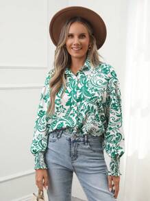 SHEIN LUNE Women's Casual Plant Print Blouson Lantern Sleeve Shirt - Multicolor - View 6