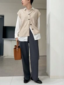 FRIFUL Women's Plain Front Button Wide Strap Casual Sweater Vest - Beige - View 2