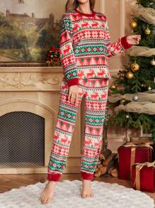 Zestaw piżamowy z nadrukiem świątecznym, długimi rękawami i spodniami, pluszowy element świąteczny - Wielokolorowe - Zobacz 6