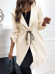 SHEIN LUNE Áo khoác trùm đầu dài tay buộc phía trước cho nữ, trang phục tối giản thường ngày - Màu be - Xem 3