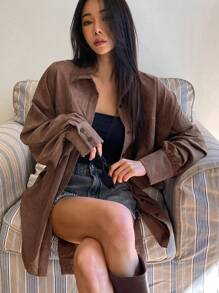 DAZY 1pc Women Solid Color Loose Fit Long Sleeve Shirt With Belt,Fall Clothes - Brown - View 1