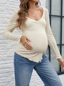 SHEIN Camiseta de manga larga casual de cuello en V liso para maternidad, otoño