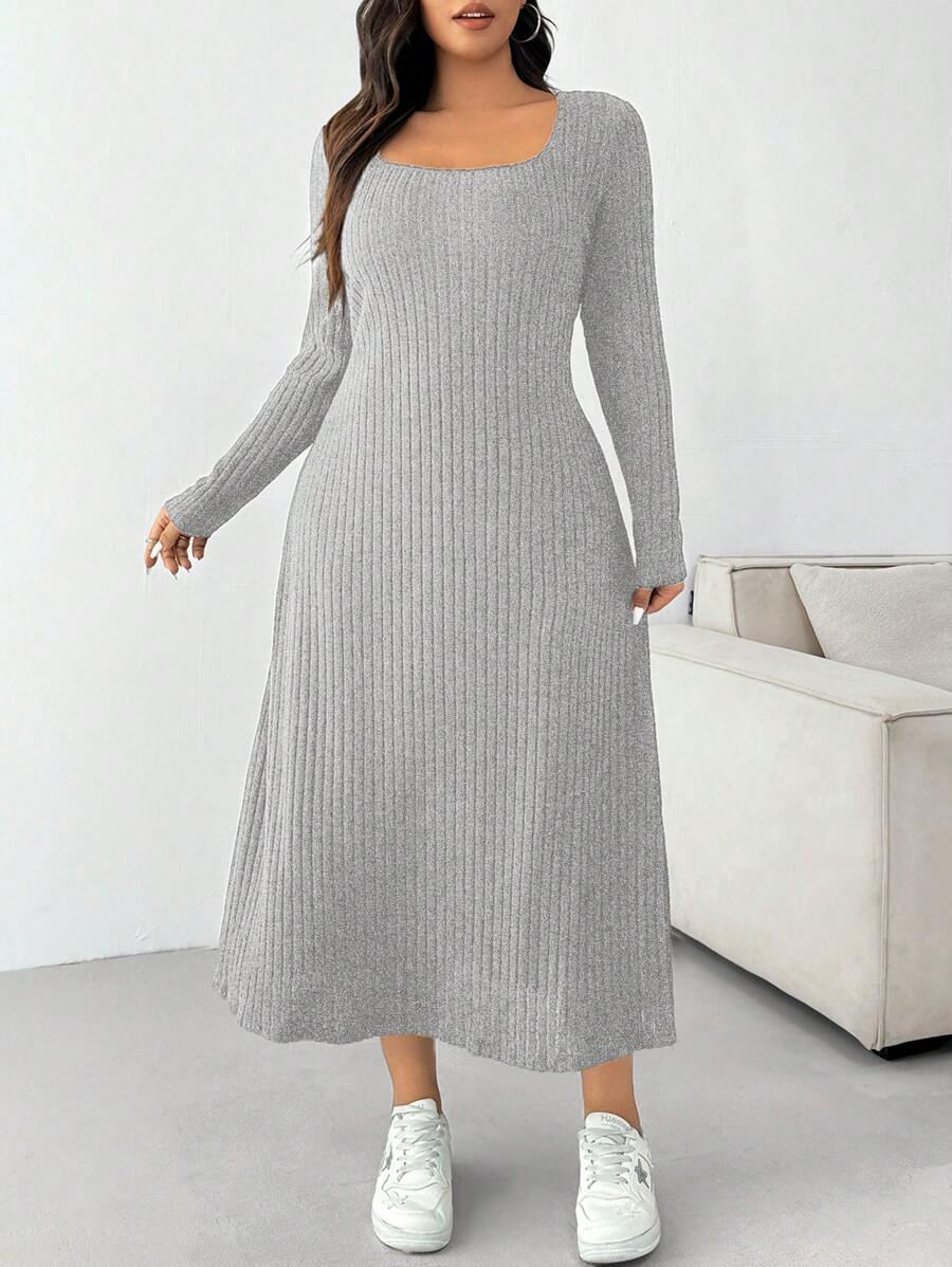 SHEIN EZwear Đầm dài tay màu trơn cỡ lớn tối giản, thường ngày để mặc hàng ngày - Xám - Xem 1