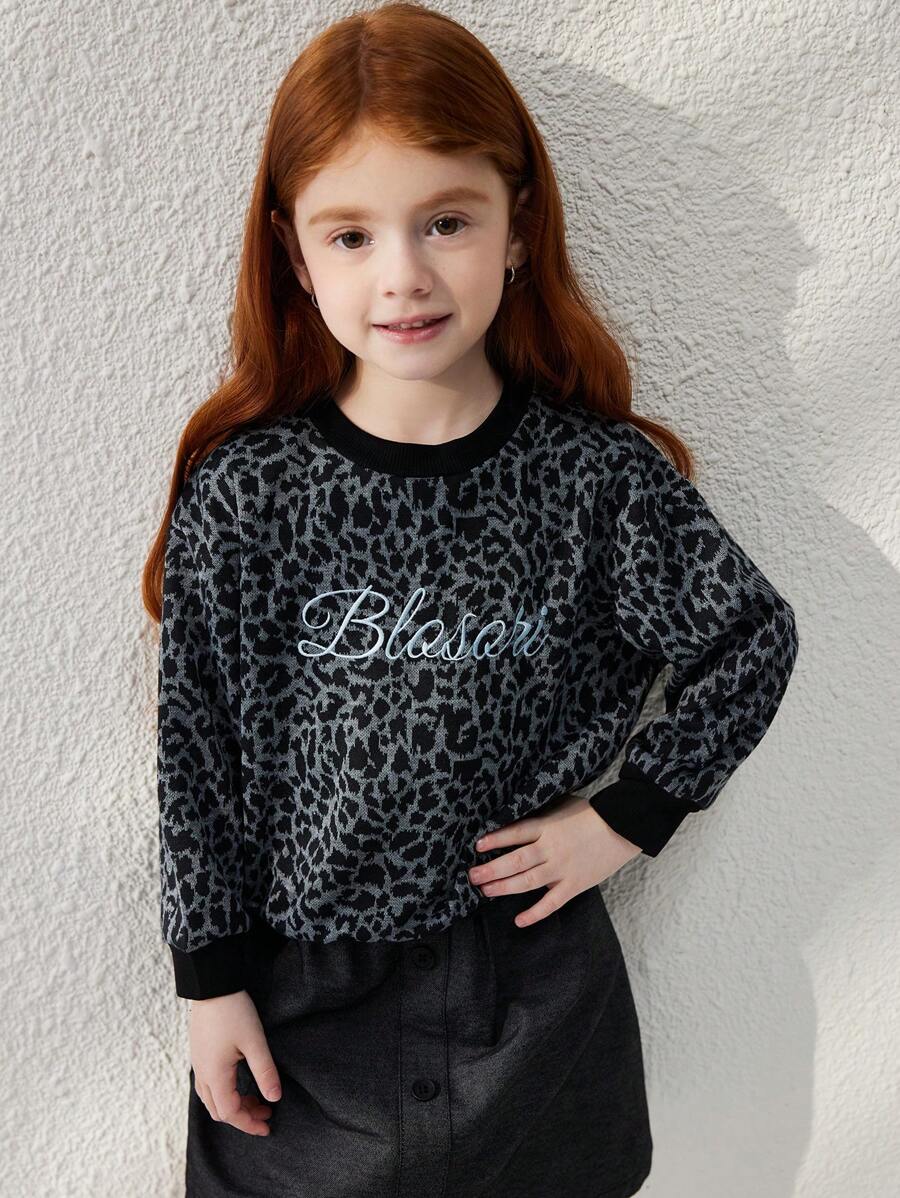 Blossori Áo nỉ dệt kim tay dài dáng rộng phong cách Pháp thanh lịch màu xám đậm thêu họa tiết da báo cho bé gái, thiết kế Giáng sinh cổ điển - Xám - Xem 1