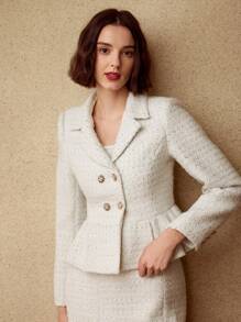 MOTF PREMIUM 粗花呢翻领荷叶边下摆双排扣西装外套