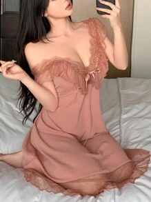 DAZY Romantic Mesh Lace Patchwork Ruffle Trim Spaghetti Strap Nightdress Pajama - Coral Pink - View 8