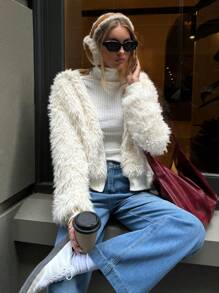 Aloruh Women Casual Chic Hooded Loose Long Sleeve Fluffy Warm Jacket