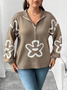 Flirla Suéter de punto con cremallera delantera y estampado floral francés, talla grande, para otoño e invierno - Caqui - Ver 4