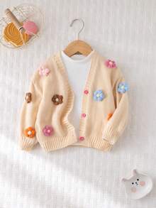 Cozy Pixies Baby Girl 3D Floral Soft Knitted Cardigan, Casual And Versatile, Suitable For Autumn/Winter